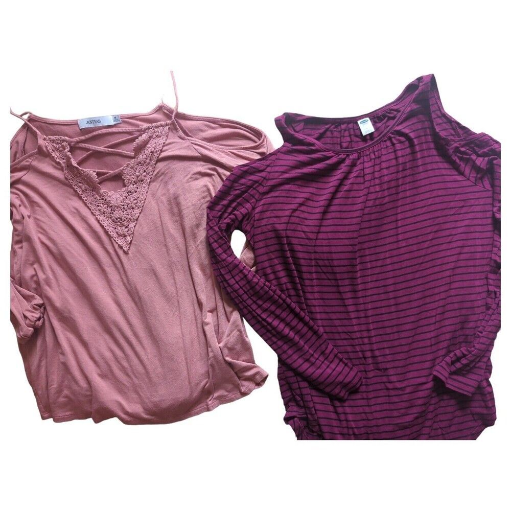 (2) JustFab Comfy Stretch Women's M Peek-a-boo Shoulder Pink & Maroon Stripes